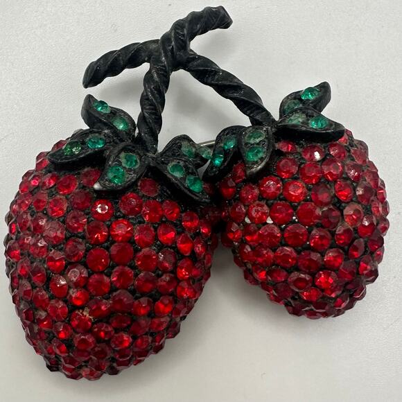 Weiss Jewelry - Weiss vintage black gunmetal red green rhinestones double strawberry brooch